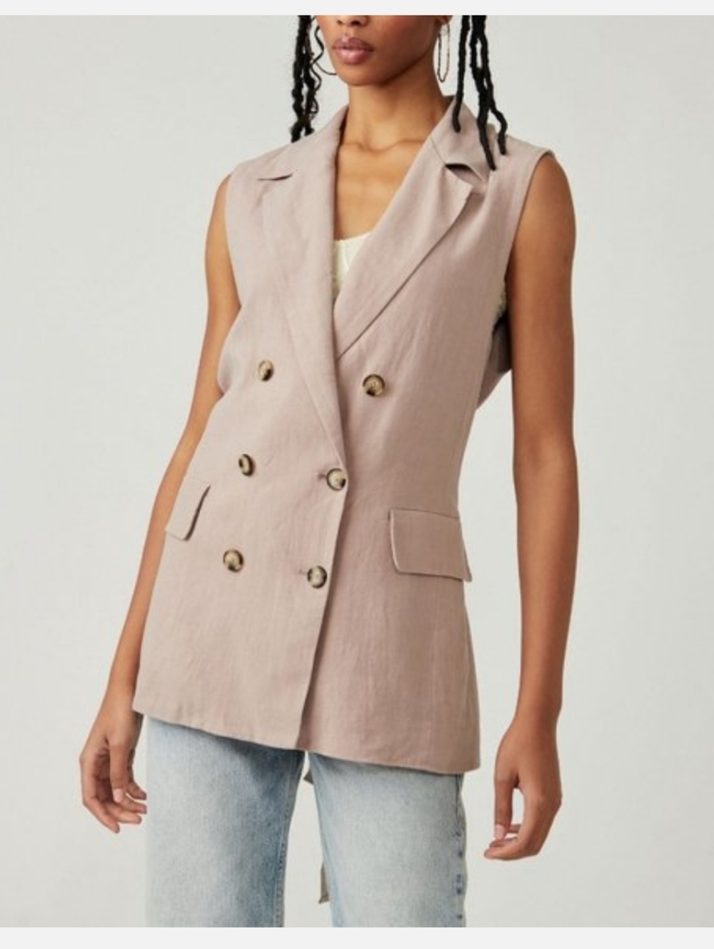 Free People Olivia Vest Taupe Notch Collar Business‎ Dressy  Medium Linen Blend